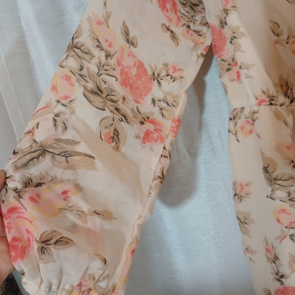 Wet Seal Vintage Romper, Long Sleeve Orange/Ivory/Green See thru Floral, L - Picture 13 of 13